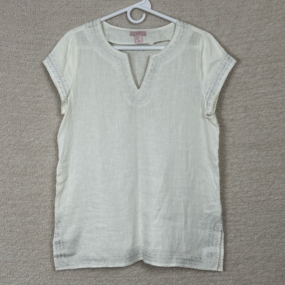 St Tropez West Top Womens Med White 100% Linen Metallic‎ Embroidered Blouse